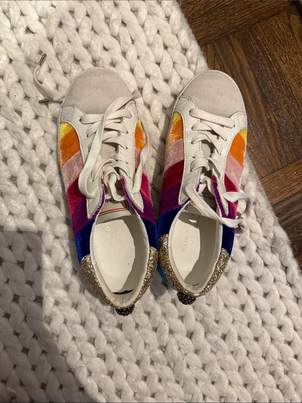 Kurt Geiger Multicolor Velvet Stripe Sneakers with Gold Heel